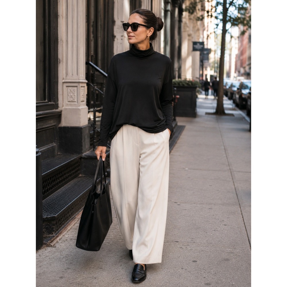 Eileen Fisher 100% Silk Jersey Turtleneck Top Black Long Sleeve Funnel Neck L